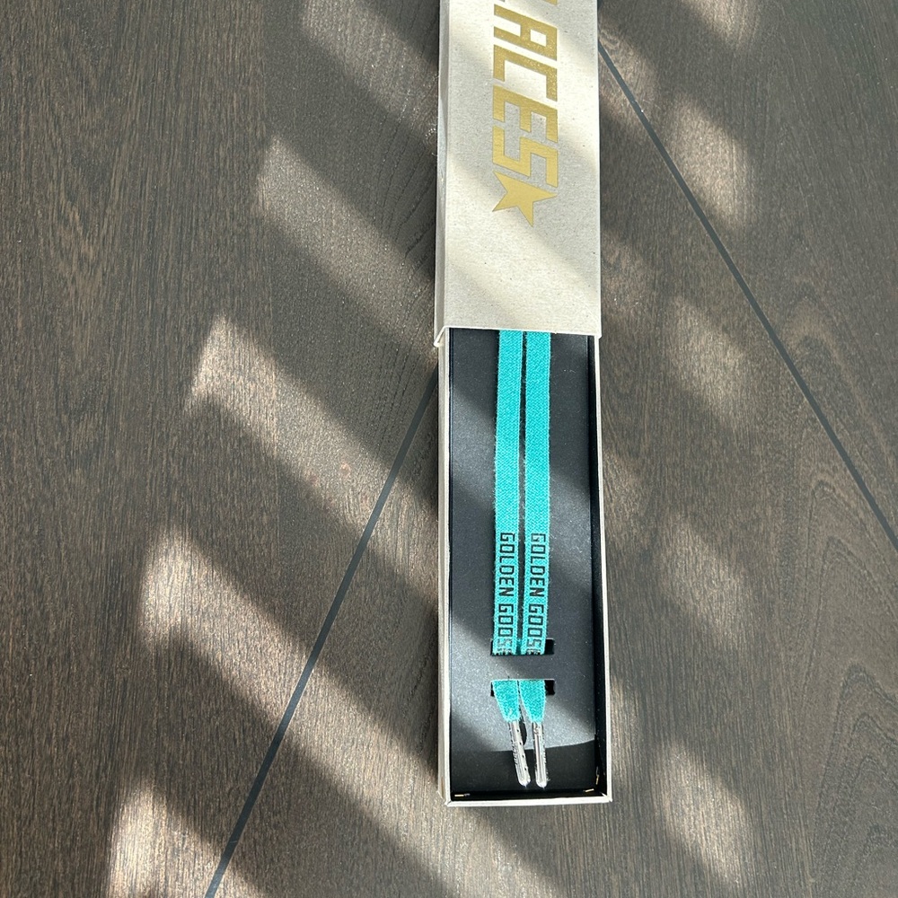 Brand new never word Golden Goose sneaker laces in turquoise glitter blue.